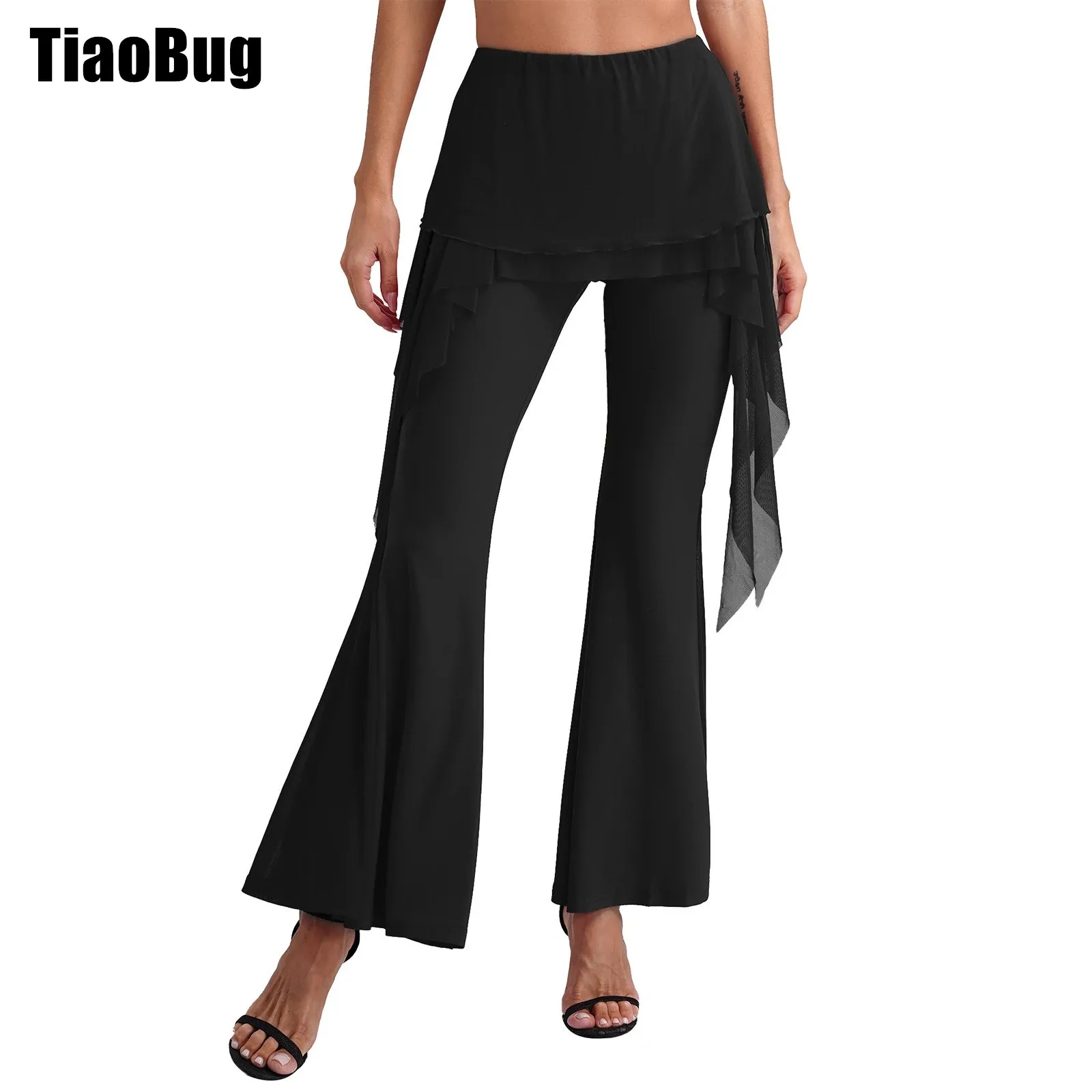 

Юбка-штаны Женская для латиноамериканских танцев, сетчатые расклешенные брюки с плиссированной юбкой на шнуровке, эластичный пояс, брюки с колокольчиком