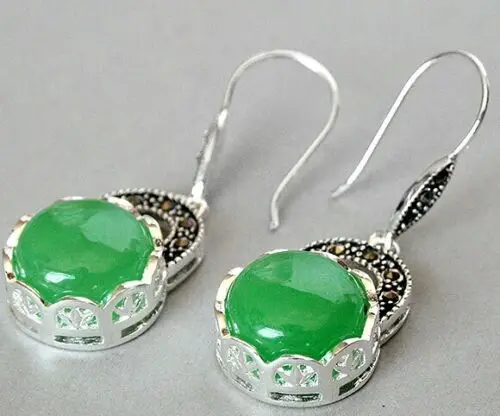 Fashion 925 Sterling Silver Natural Green Natural Jade Marcasite Earrings 14/5"