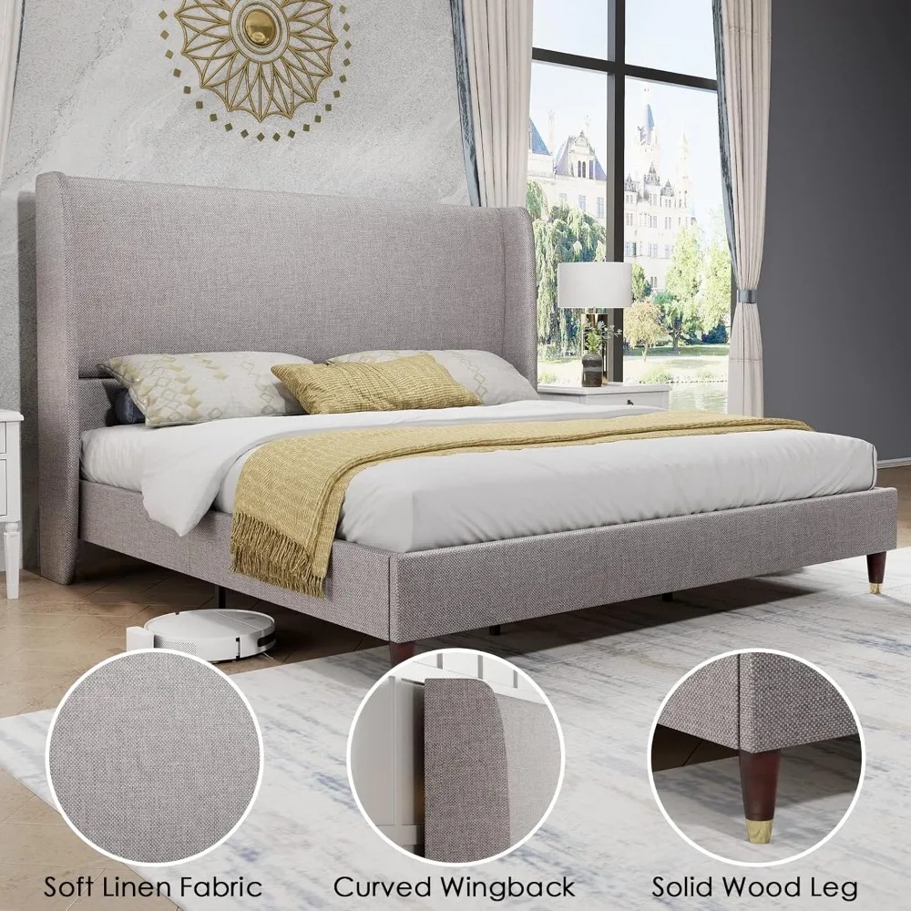 Full Platform Bed Frame 51.2" High Headboard Tall Upholstered Beds/No Box Spring Required/Wood Slat Support, Full Bed Frame 5
