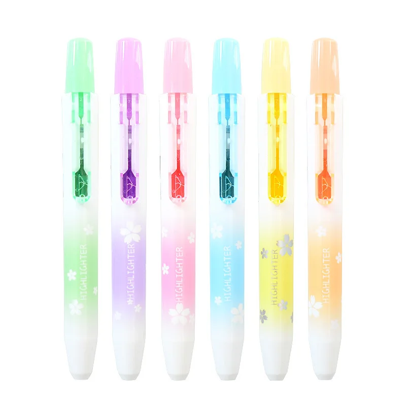Kawaii Retractable Highlighters Macaron Pastel Highlighter Pen Fluorescence Markers for School Supplies Cute Stationery 6Pcs/set