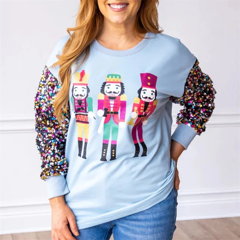 thumbnail image 1 of Sudadera con parche de lentejuelas y cascanueces navideños para mujer, suéter holgado con estampado navideño, jersey de manga larga, 1 of 3