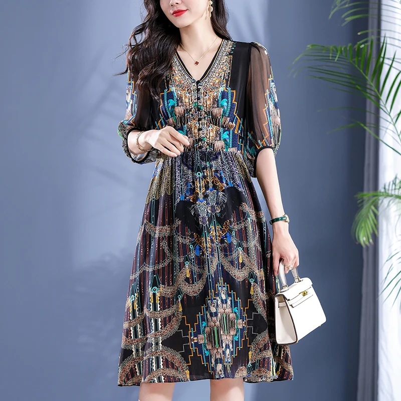 Vestidos bohemios de chiffon con falda escalonada y escote en V profundo Esmeralda Tallas Grandes