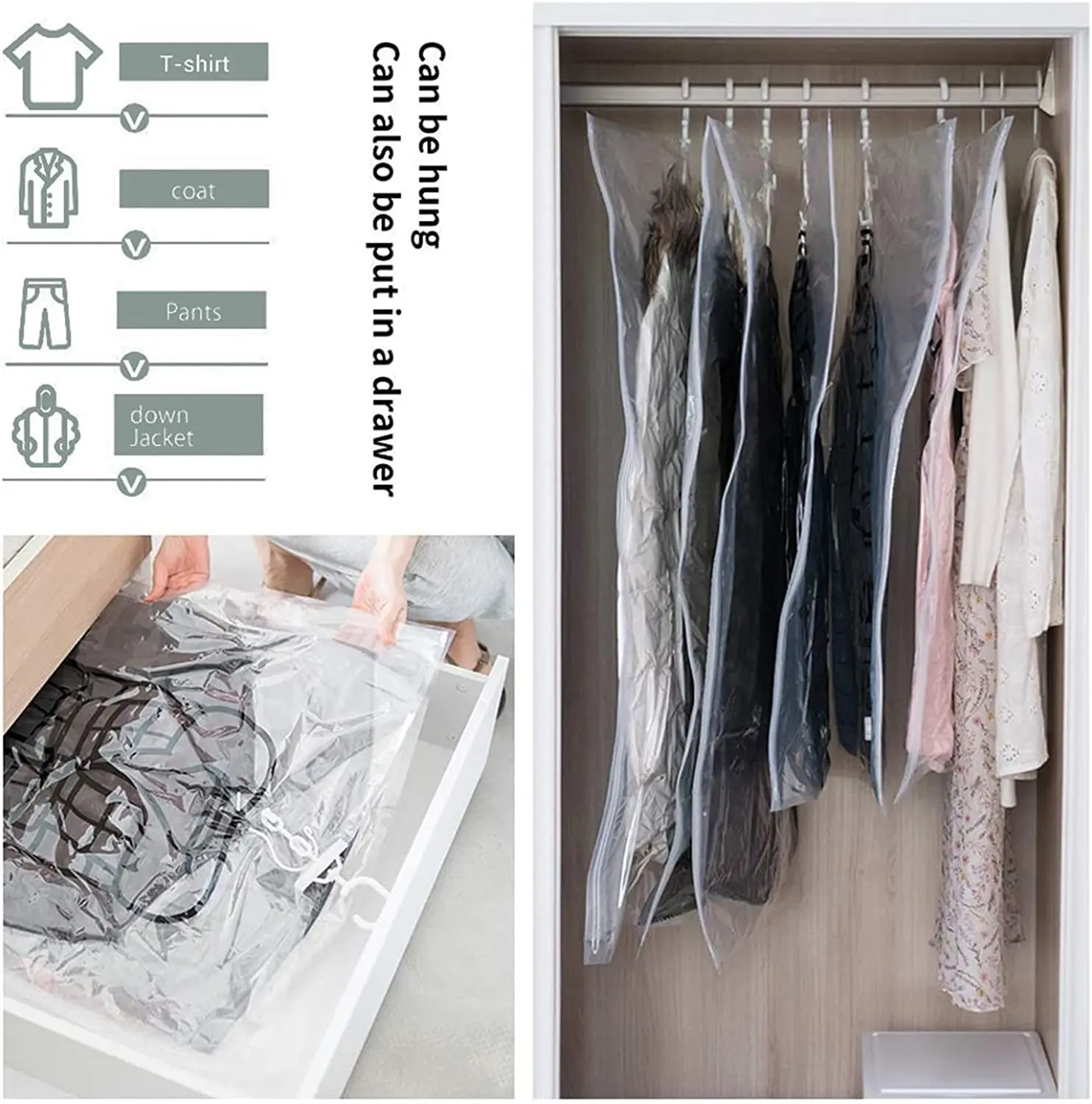 6 Pack Hanging Vacuum Storage Bag Reusable Space Saver Compressed Bag with Hangers for Clothing for Jacket, Suits, Dress, 3