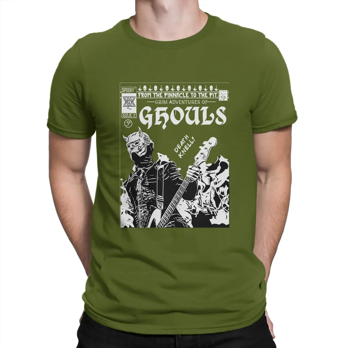 thumbnail image 1 of Camiseta para hombre con diseño de portada de cómic "Namel Ghoul InRed", de algodón vintage en tinta negra, de manga corta, con banda., 1 of 7