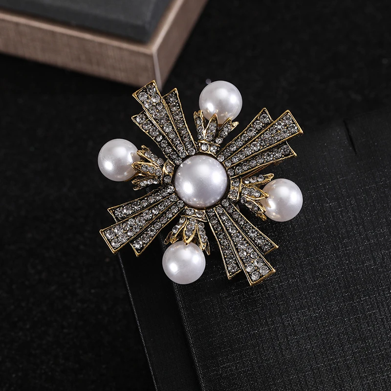 Pearl Crystal Cross Women Brooch Pin For Women Suit Fashion