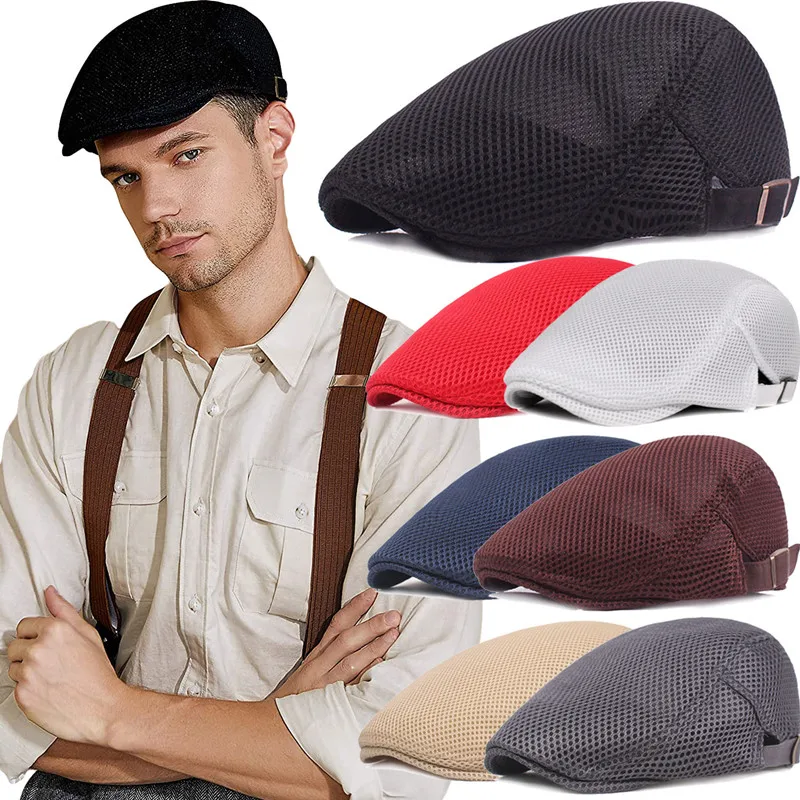 

Summer Men Women Casual Beret Hat Fashion Solid Color Flat Cap Newsboy Style Gatsby Hat Adjustable Breathable Mesh Caps Visors