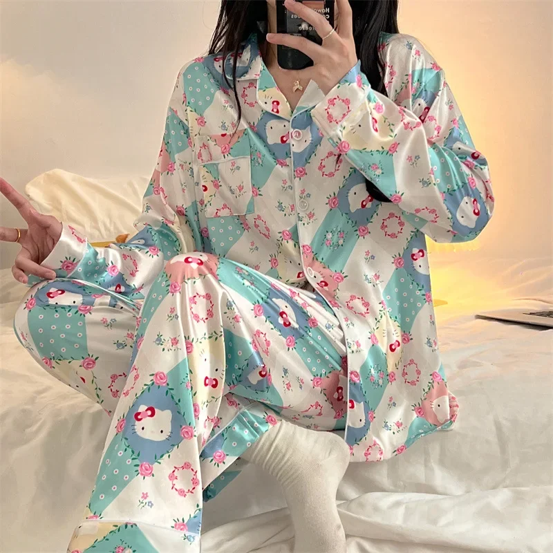 

Kawaii Sanrio Anime Hello Kitty Exquisite Cute Cartoon Printed Autumn Long Sleeved Cardigan Pajama Set Gifts for Girls
