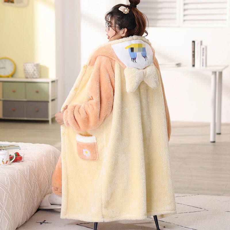 Sweet Womens Pajamas Sets Winter Cosplay Suit Velvet Woman's Nightgown Lady's Fluffy Hooded Cartoon Sleepwear Sleeping Dresses