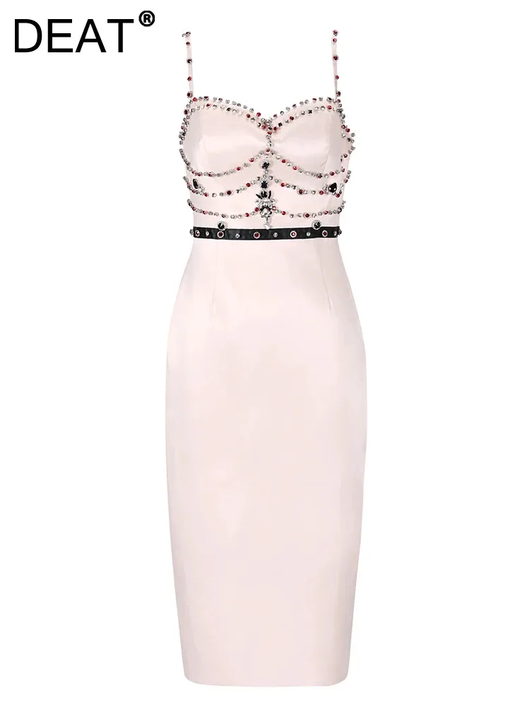 

DEAT Beading Dress Women Evening Party High Waist Medium Long Slim Solid Color Camisole Slash Neck Clothing New 2024 15KB4382