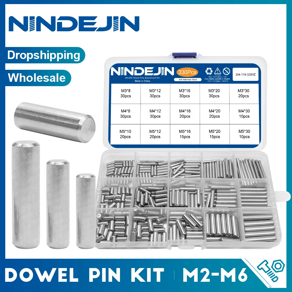 NINDEJIN Dowel Pin Assortment Kit M2 M2.5 M3 M4 M5 M6 Stainless Steel Dowel Pin Shelf Support Peg Pin Rod Fasten Elements Set