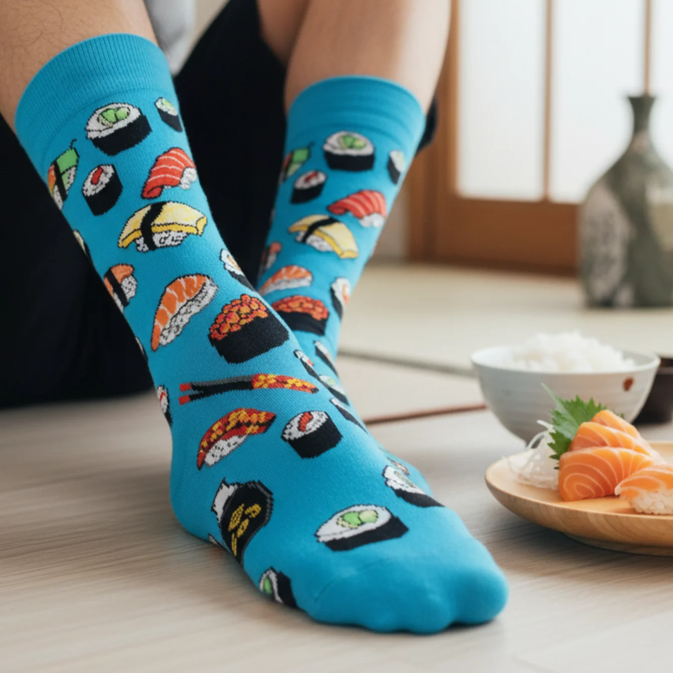 Chaussettes crew sushi japonais - 1 paire bleue respirante - Originales et confortables