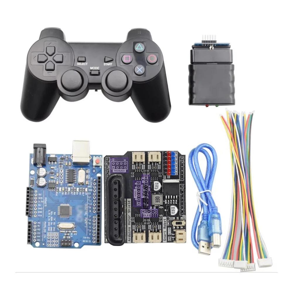 PS2 조이스틱 + R3 보드 + 4채널 모터 드라이버 보드가 포함된 아두이노 메..