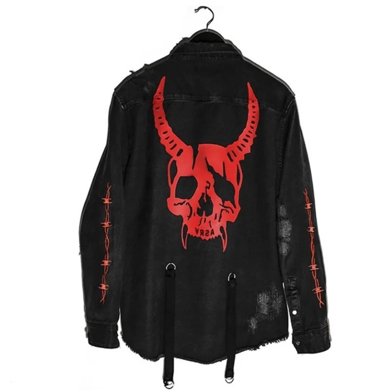 Мужская черная джинсовая куртка Harajuku Готическая Demon Hunter Skeleton Rock Punk свитер в стиле