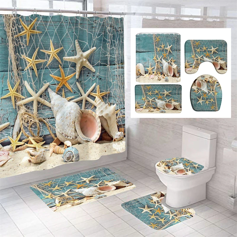 

Starfish Bath Curtain Shell Ocean Beach Print Shower Curtains Bath Mat Set Polyester Waterproof Toilet Rugs Anti-slip Carpet