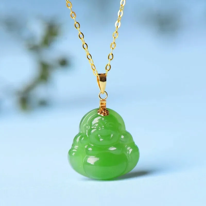 

New style inlaid natural hetian jade jasper Maitreya Buddha pendant classic silver necklace fresh charm party wedding jewelry