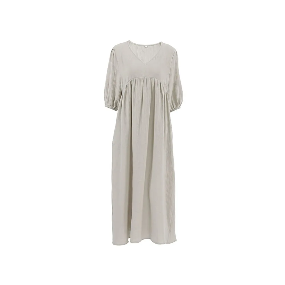 2024 Spring New Loose Casual Blue Cotton Long Nightdress For Women Three Quarter Sleeve V-Neck Solid Simple Lady Home Nightgown