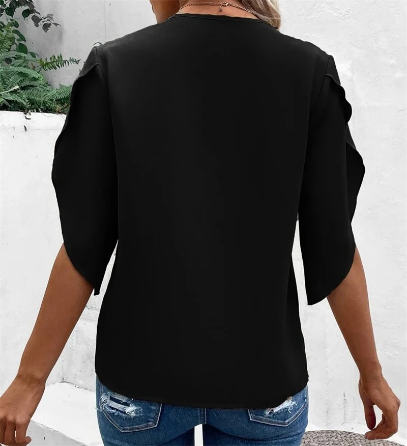 Summer Lace Splicing V Neck Pullover Shirt Female Fashion Loose Flared Sleeve Tops New Street Trendy Solid Color Casual Blouse