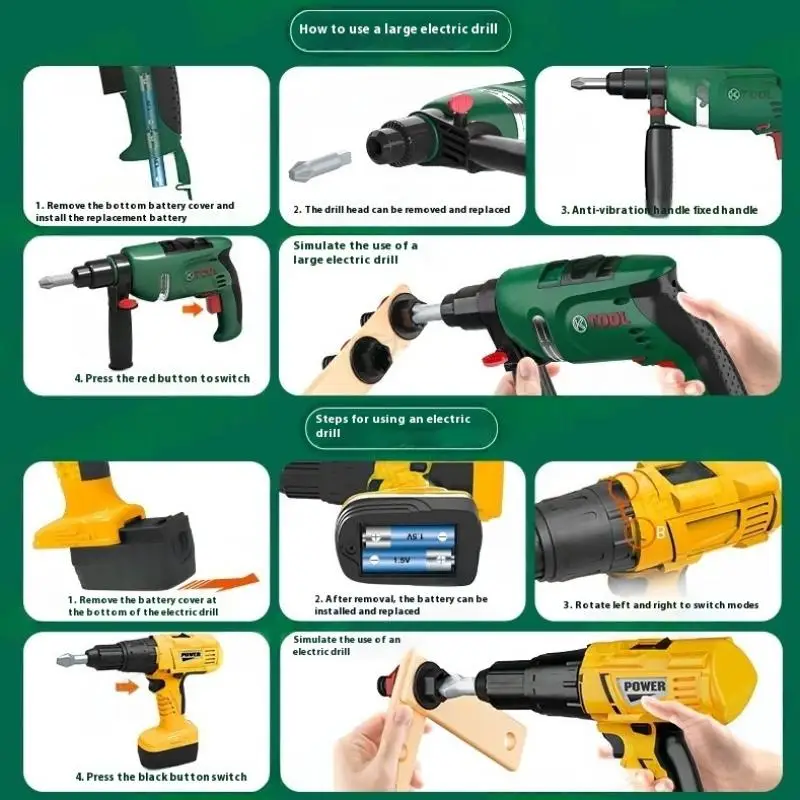 1 Set Toddler Electric Drill Screw Kits Kids Toy Simulation Electric Drill Kit With Real Sounds And Action Construction Tools