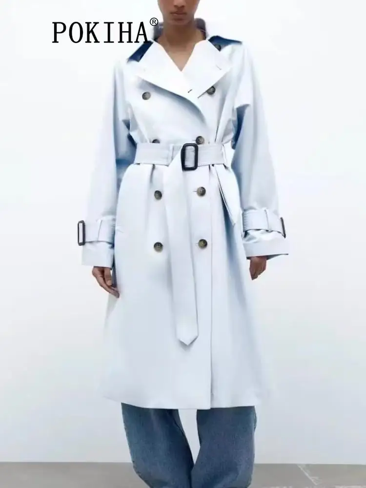 

Pokiha Fashion Women Elegant With Belt Oversized Trench Coat Vintage Long Sleeve Front Pockets Female Outerwear Chic Clothing