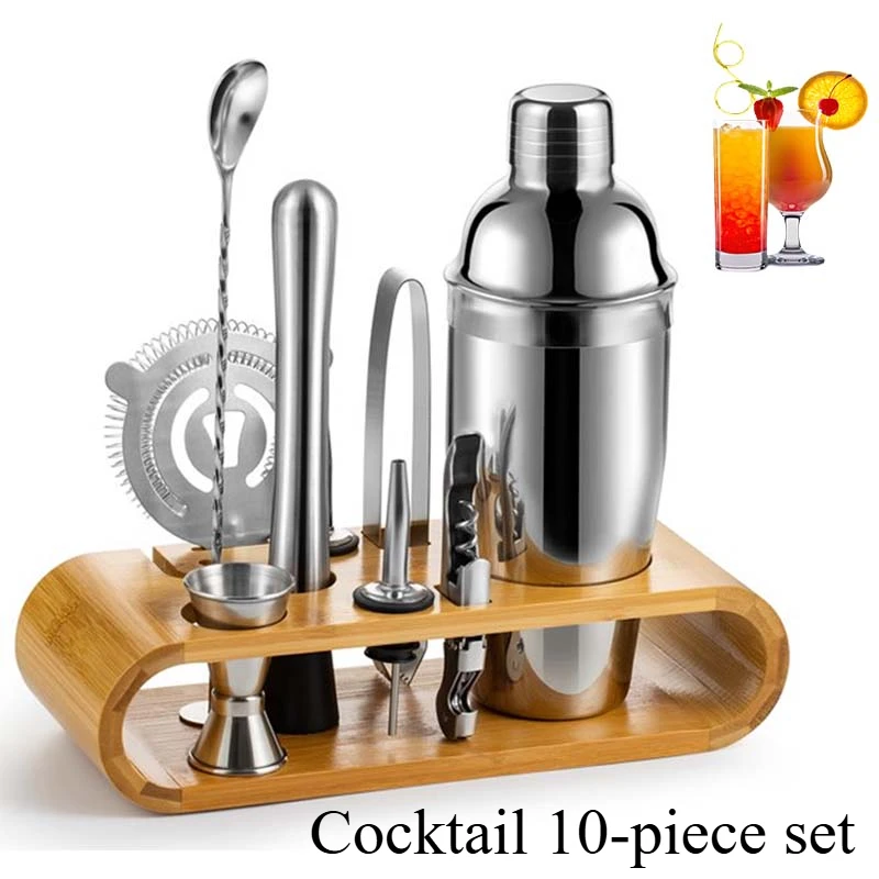 10-Piece Cocktail Shaker Set with Bamboo Stand Stainless Steel Bar Tools Set Martini Cocktail Shaker Home Bartending Kit