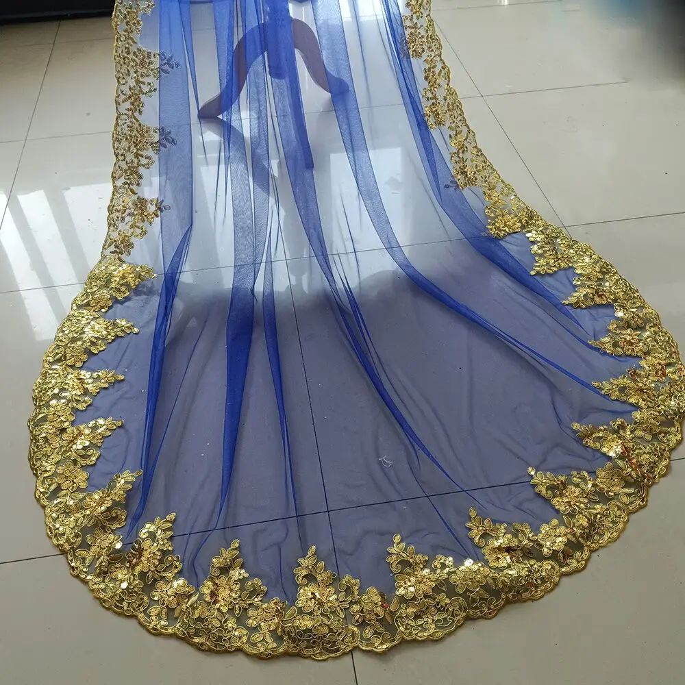 Royal Blue Red 3 Meters 3.5M 4M 5M Bling Sequins Gold Lace Long Cathedral Wedding Veil Colorful Bridal Veil with Comb Luxury
