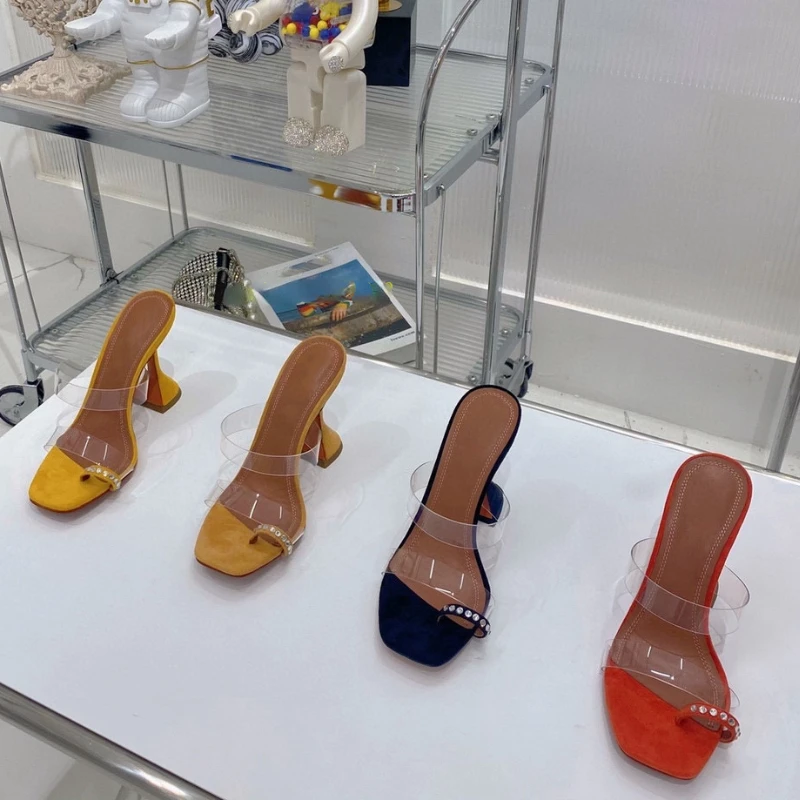 

Women's Shoes 2023 Summer European and American High-heeled Square Head Rhinestone Slippers Women's Wine Glass and Roman Sandals