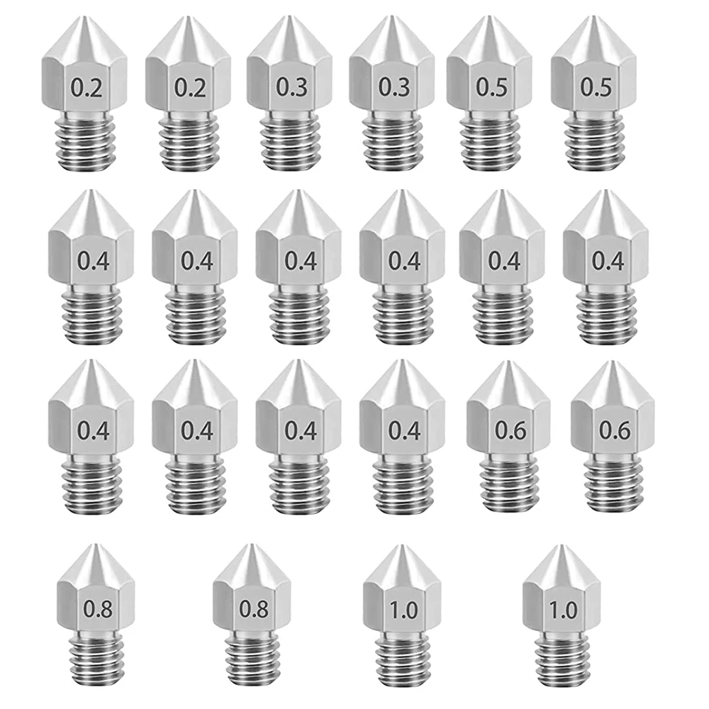 

22PCS Stainless Steel MK8 Nozzle 0.2mm 0.3mm 0.4mm 0.5mm 0.6mm M6 Threaded for 1.75mm Filament 3D Printer Extruder Print Head