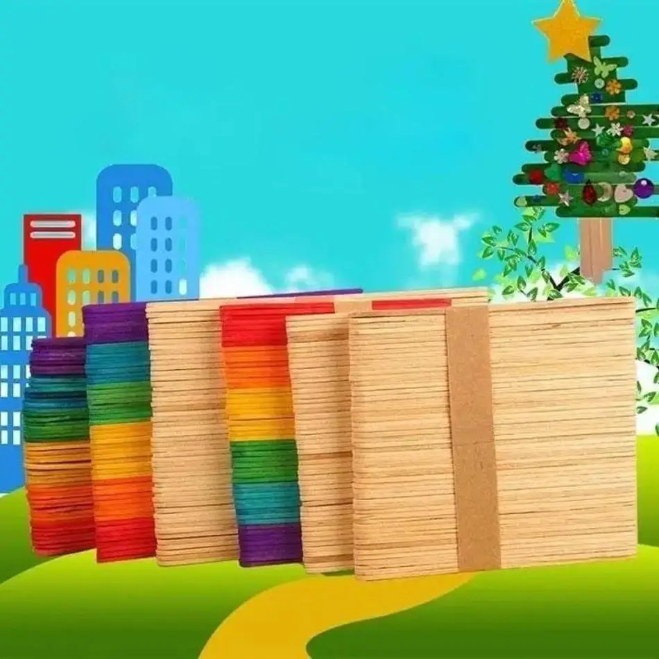 50 Pcs/Lot Ice Cream Woodenstick Stickwooden Strip Colorful Wooden Board Pieces Kindergarten Handmade Materials DIY