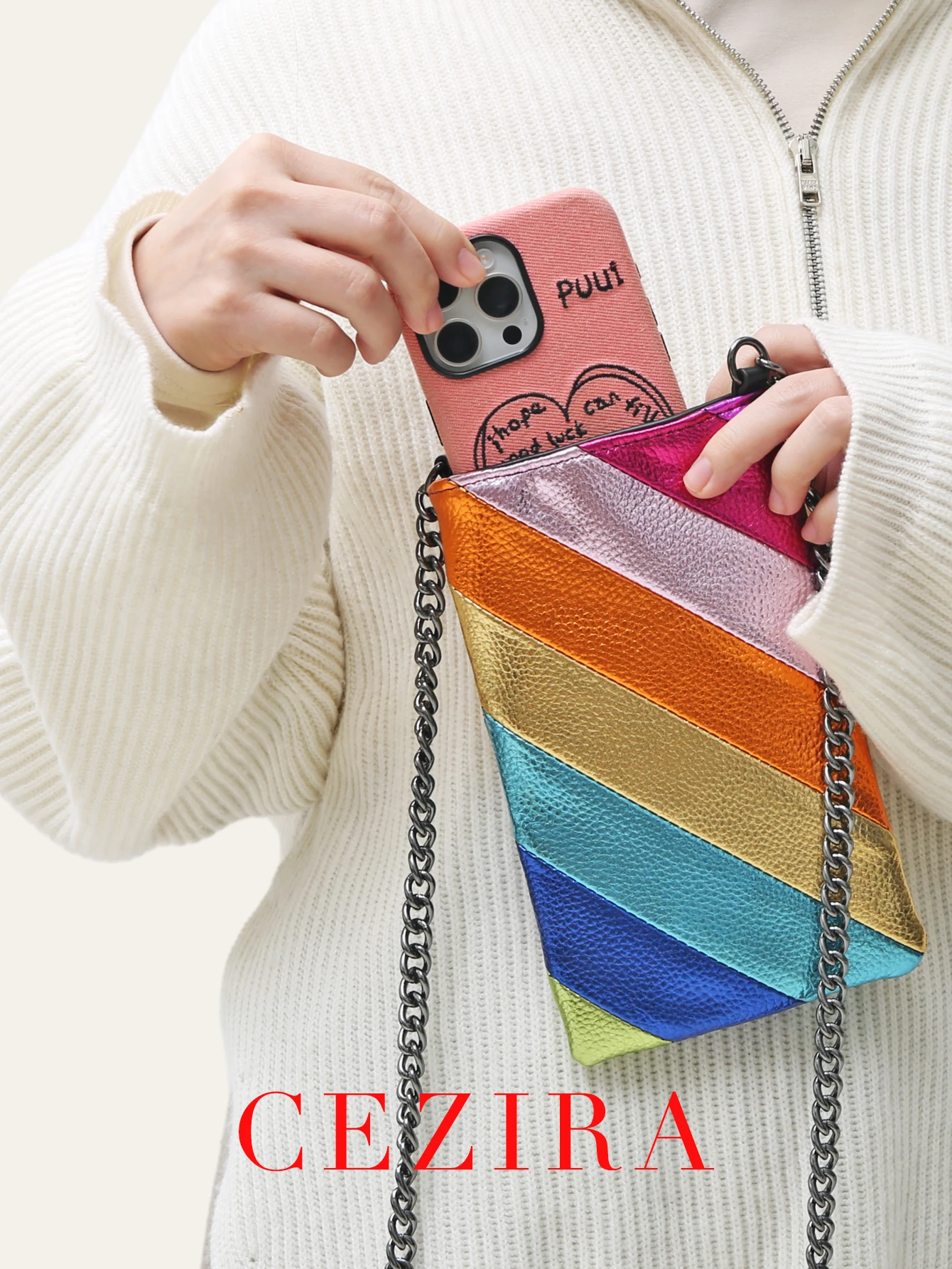 

CEZIRA Fashion Metallic Colorful Stripes Patchwork Phone Purse PU Vegan Leather Women Mini Portable Chain CrossBody Shoulder Bag