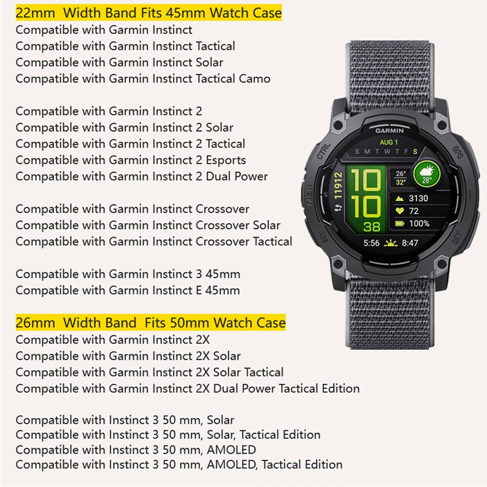 Lightweight Breathable Nylon Loop Watch Strap with Metal-Free Hook & Loop Fastening, 22mm/26mm