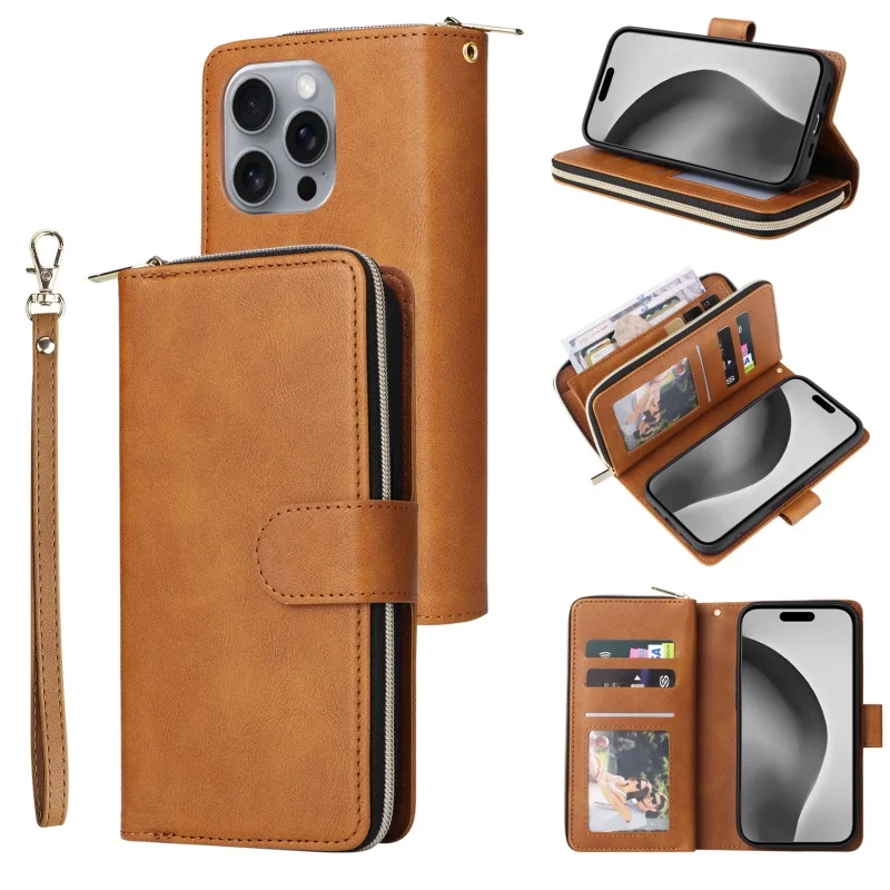 Premium Flip Leather Wallet Case with Zipper Purse and Multi-Card Slots