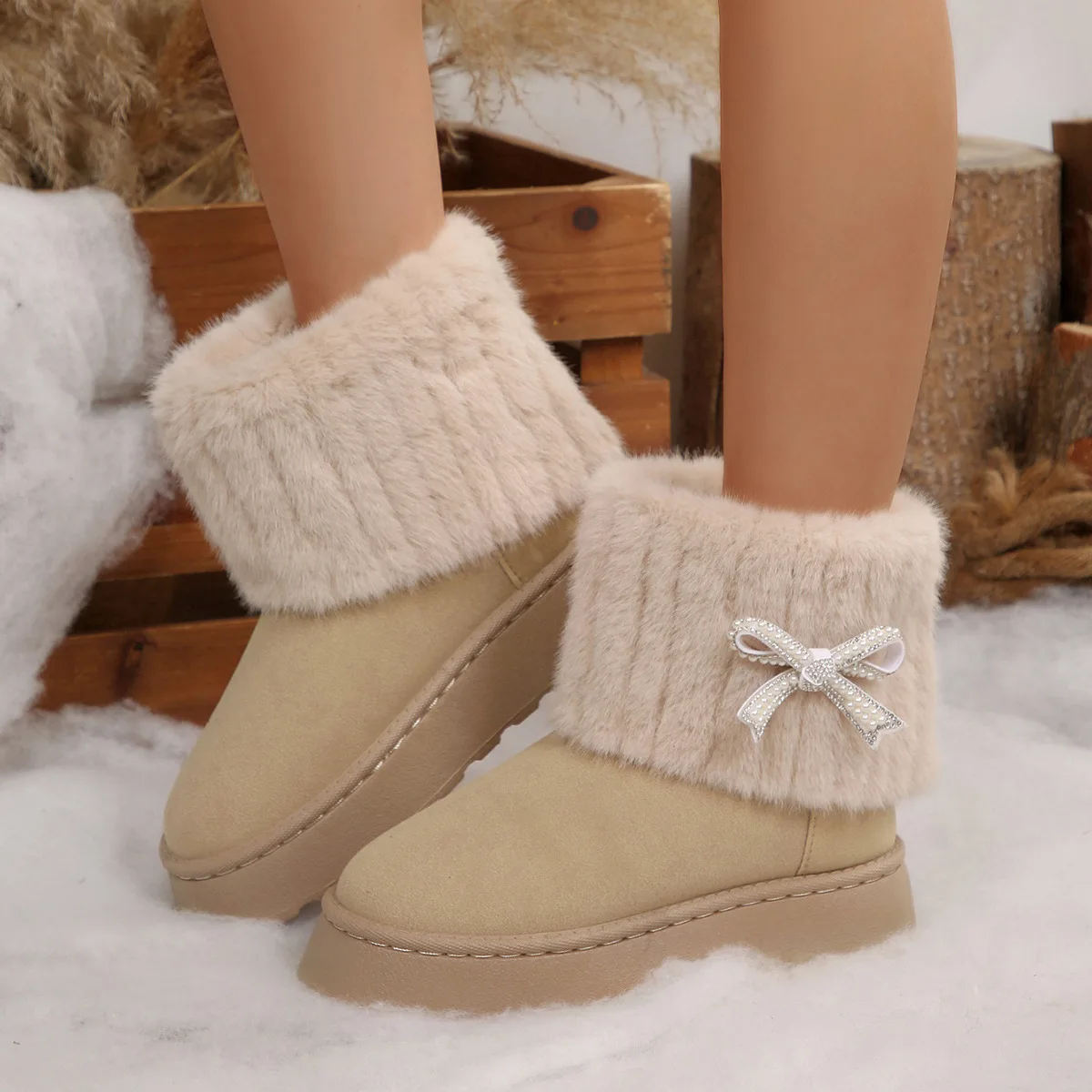2025 Winter New Luxury Fashion Round Toe Designer Women's Snow Boots Casual Bowknot Ladies Pull-On Shallow Mouth Ankle Boots