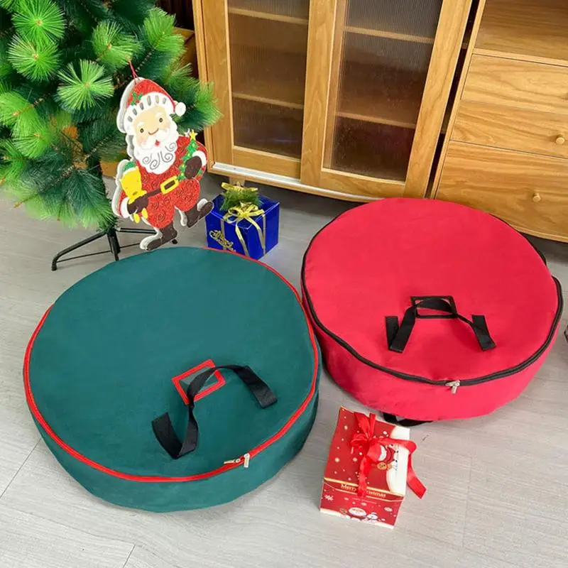 Christmas Tree Bag 60cm Round Foldable Xmas Wreath Storage Bag Large Garland Container Thicken Organizer with Reinforced Handle