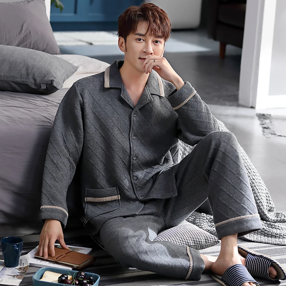 3-layer Thicken Air Cotton Warm Men's Winter Pajamas Sets Casual Solid Plaid Sleepwear Breathable Male pijama mujer pyjama homme