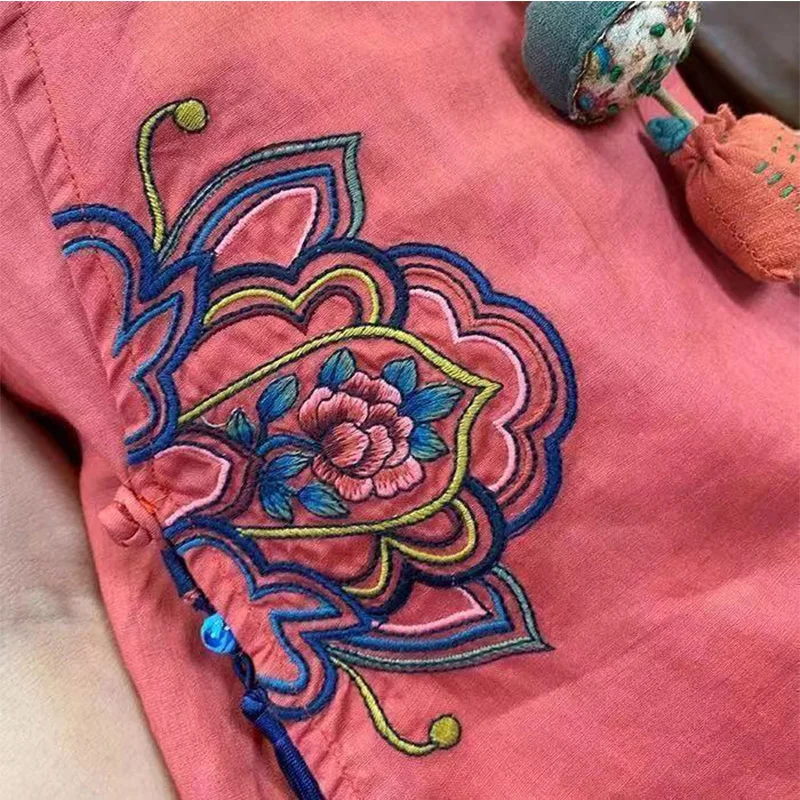Summer Loose Casual Retro Chinese Style Women's Shirt Solid Color Embroidery Print Cotton Linen Turtleneck Short Sleeve Y2K Tops