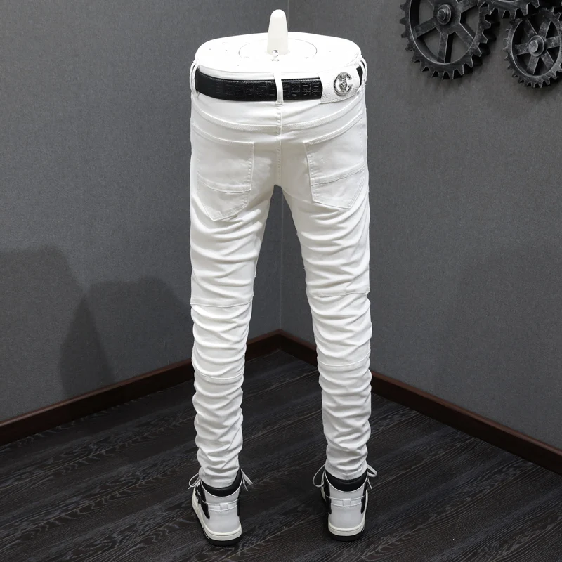 High Street Fashion Men Jeans White Elastic Stretch Skinny Fit Biker Jeans Homme Pocket Patched Designer Hip Hop Denim Pants Men