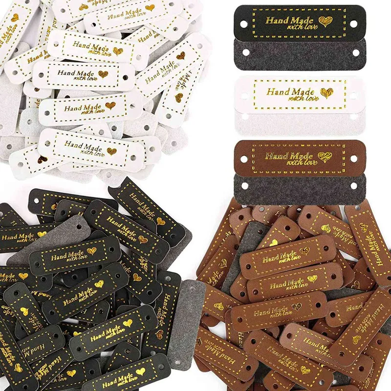 180Pcs Handmade PU Leather Tags Faux Leather Sew On Labels Embellishment Knit Accessories With Holes For DIY Crafts