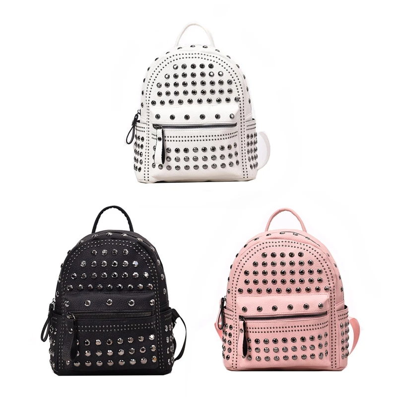 

All-match Waterproof PU Leather Backpack Rivet Studded Satchel Solid Color School Bag for Ladies Women Girls Travel