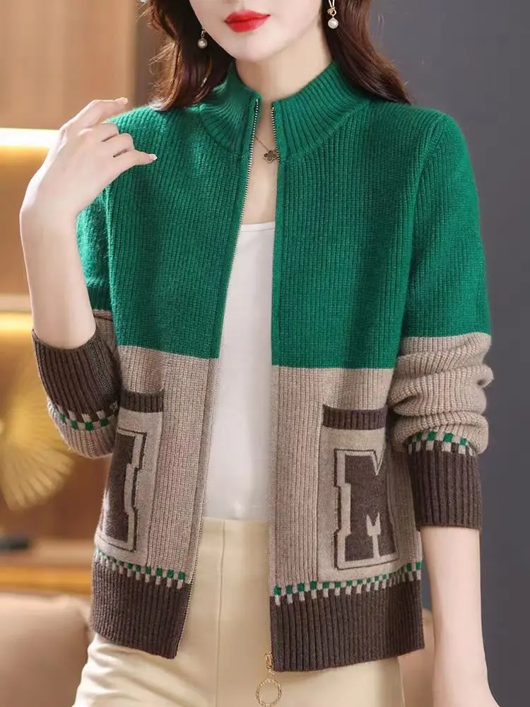 

Woolen Sweater Women's Cardigan Spring Autumn New Loose Color Matching Zipper Sweaters Fashion Stand Collar Cashmere Sweater