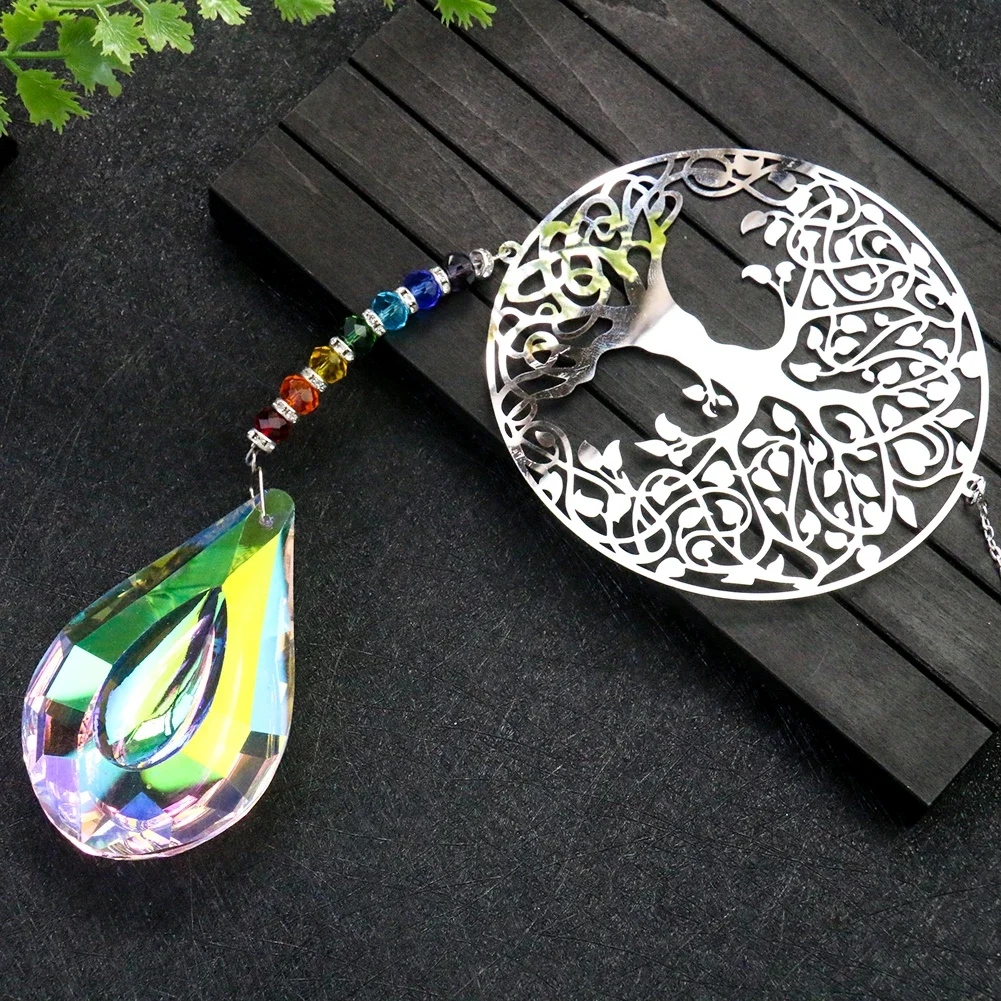 Chakra Tree of Life Sun Catcher Crystal Prism Handmade Crystal Drop Faceted Window Car Art Hanging Pendant Home Garden Decor