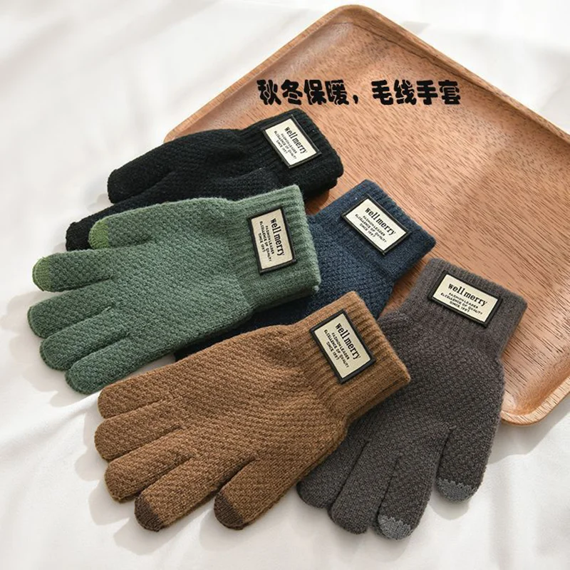 Winter men's wool gloves Autumn and winter knitting thickened with fleece touch screen riding cold protective studen