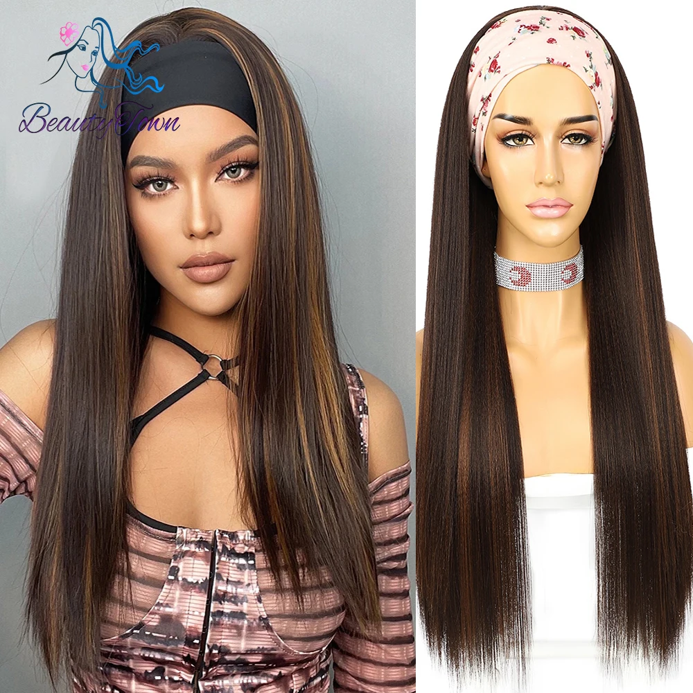 BeautyTown Brown Highlight Synthetic Straight Wigs Body Wave Headband Wigs For Women 30 Inch Full Machine Made Wig Daily Cosplay