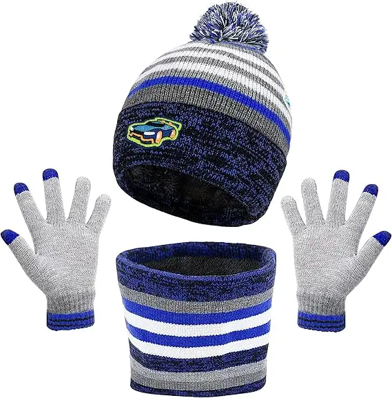 Maylisacc Winter Kids Bobble Hat Scarf Gloves Set with Double Layer Fleece Lining for Boys Girls Aged 3-8, Warm Knitted Pom Pom