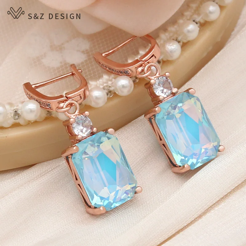 S&Z DESIGN New Fashion 585 Rose Gold Color Rectangle Crystal Dangle Earrings For Women Wedding Cubic Zirconia Eardrop Jewelry