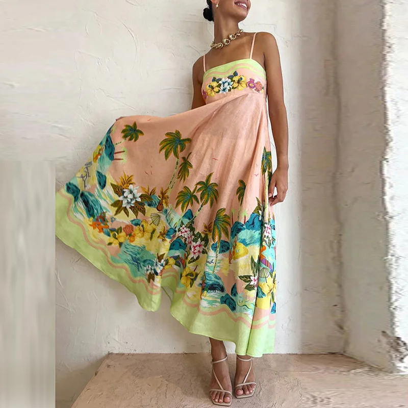 

Sexy Bohemia Beach Style Long Dress Holiday Elegant Slash Neck Women Hem Party Dress Summer Lady Loose Hem Sling Vacation Dress