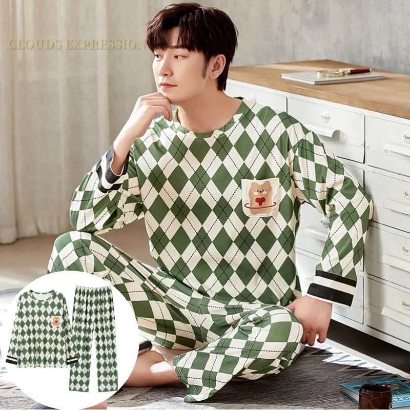 Autumn Winter Men's Cotton Pajamas Letter Striped Sleepwear Cartoon Pajama Sets Casual Sleep&Lounge Pyjamas Plus Size 4XL Pijama