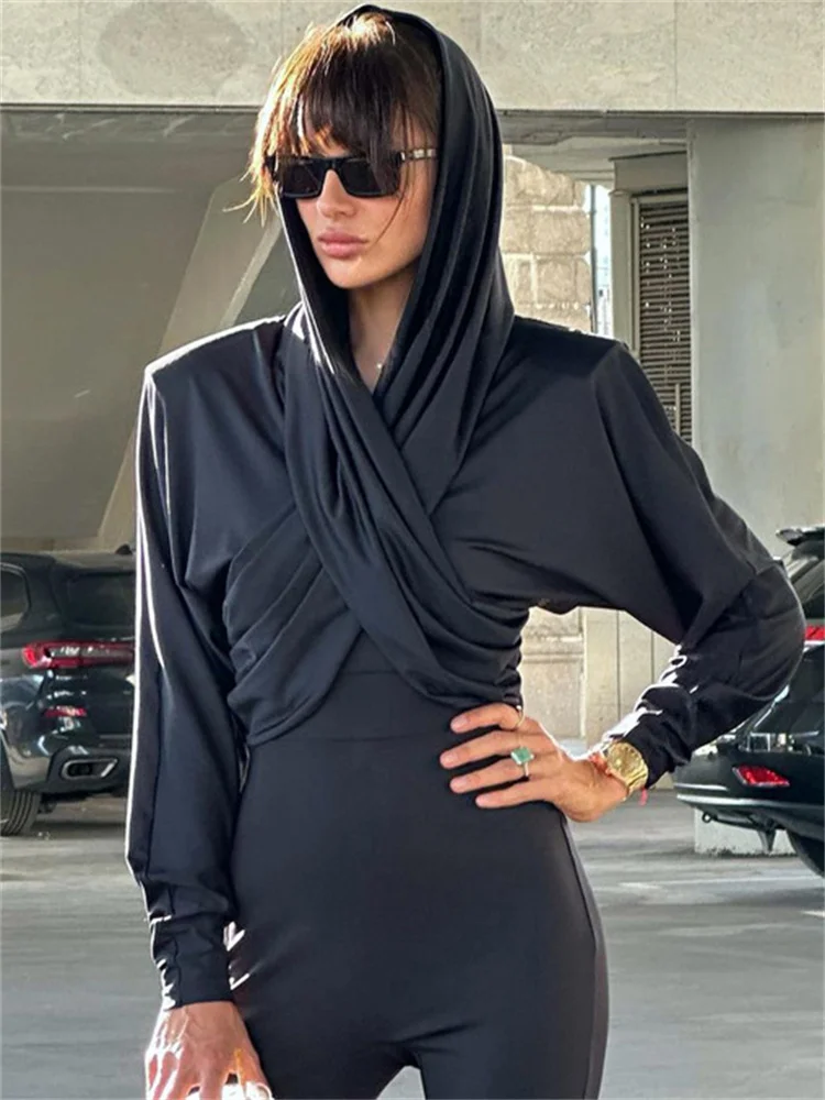 

Tossy Fashion Satin Hoodie Y2k Top For Women Long Sleeve Bandage Patchwork Solid Sexy Vintage Cropped Top Ladies Crop top Tee