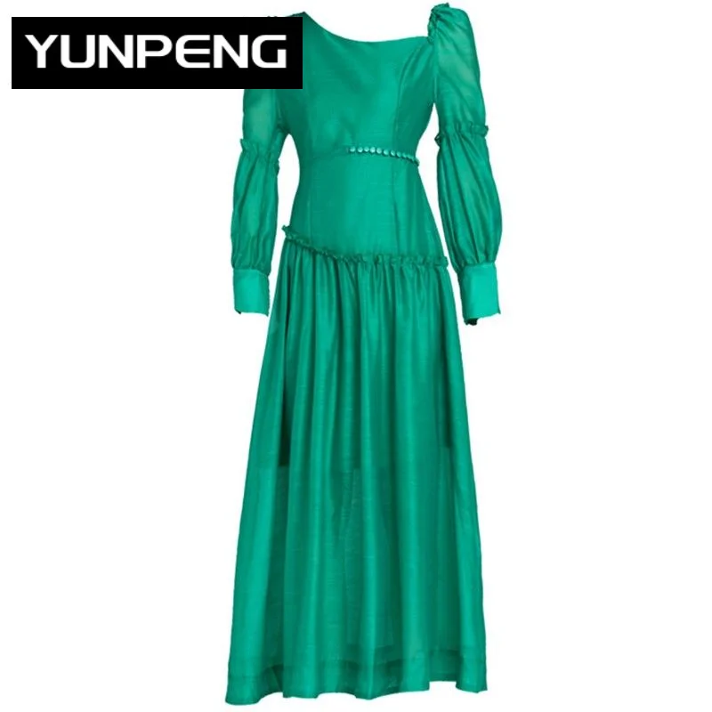 

Dresses For Women 2023 Elegant High Quality Luxury Solid Green Diagonal Collar Long Sleeve A-line Casual Long Dress Vestidos