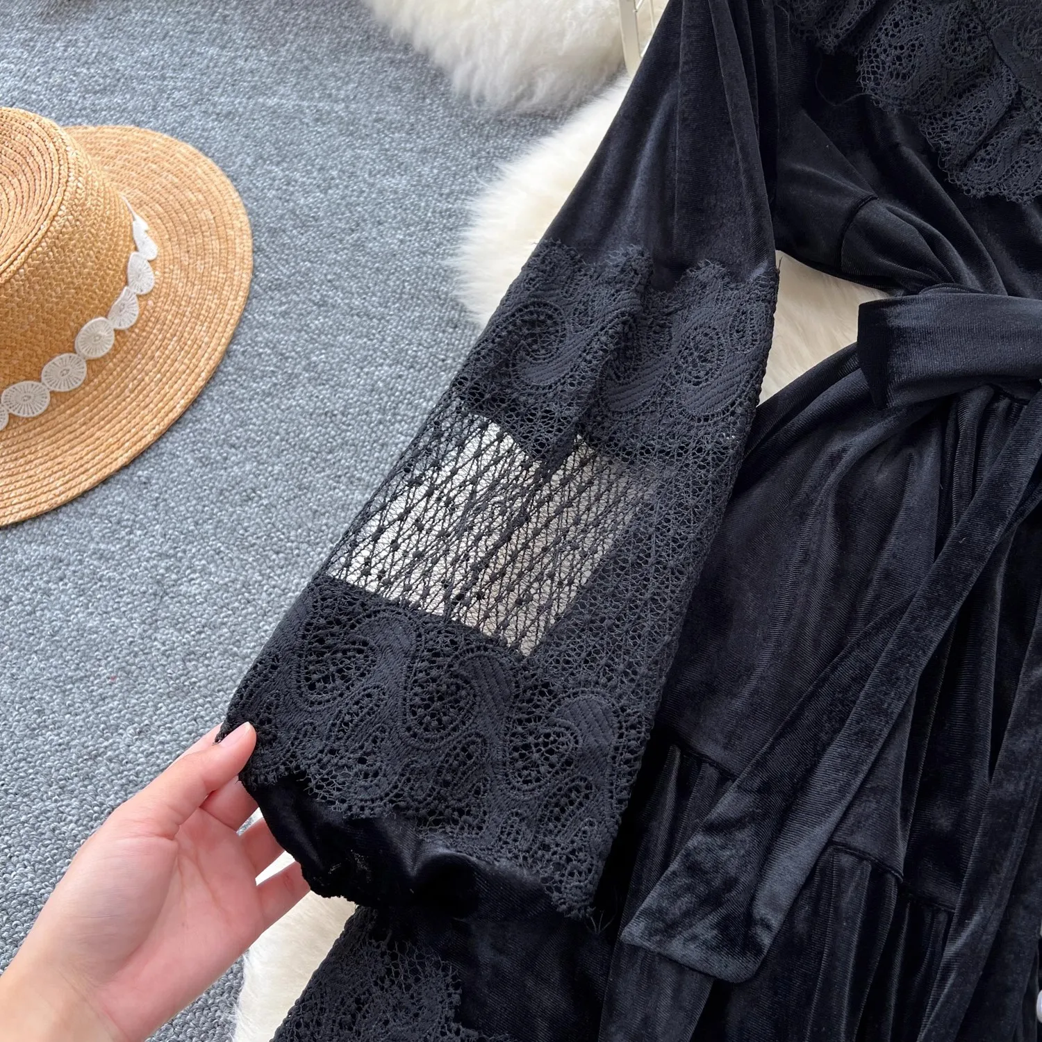 فستان فرنسي عتيق مطرز بالدانتيل من المخمل للنساء ب...