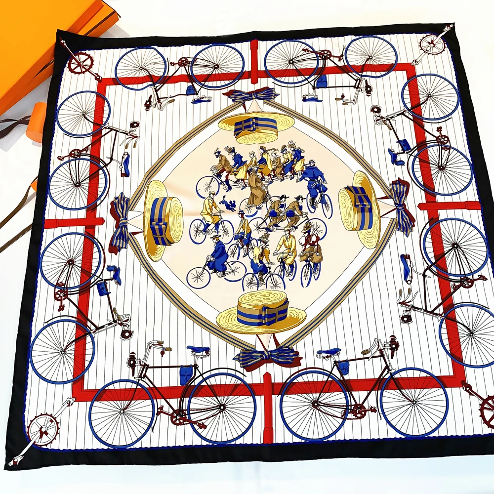 

2024 ручная работа, саржевый шелковый шарф, женские квадратные шарфы с принтом для велосипеда, женские шарфы, бандана, хиджаб 90 см